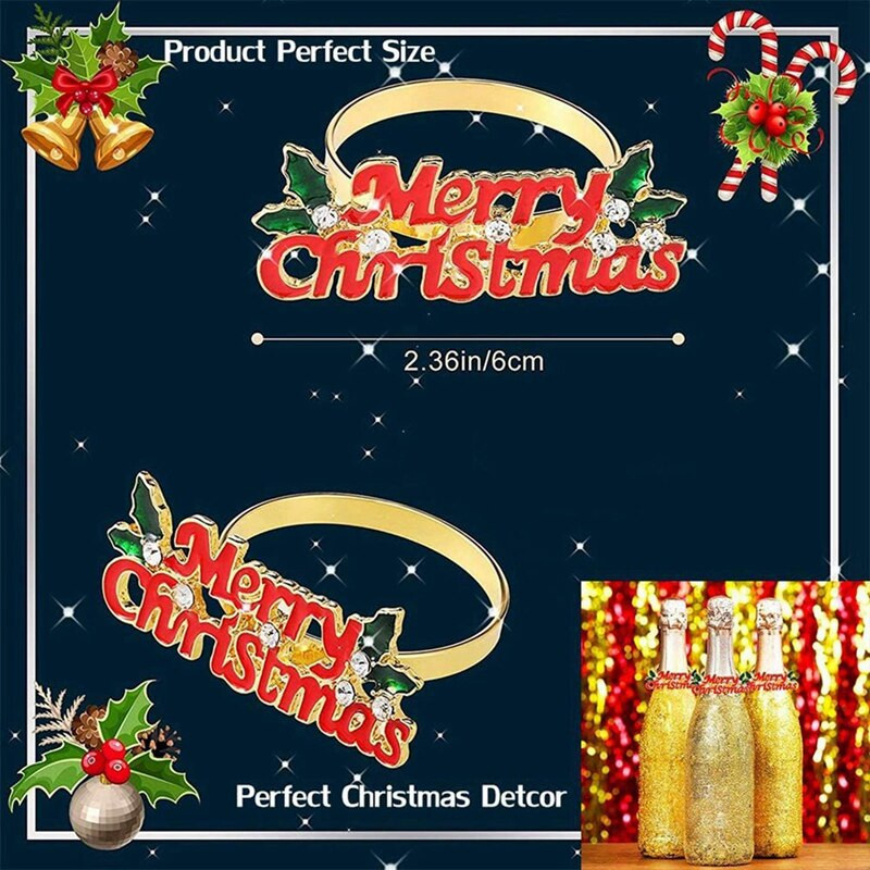 Jõulusalvrätirõngaste komplekt 12, punane Merry Christmas salvrätikurõngas, salvrätikuhoidja jõulupeo õhtusöögilaua kaunistuseks