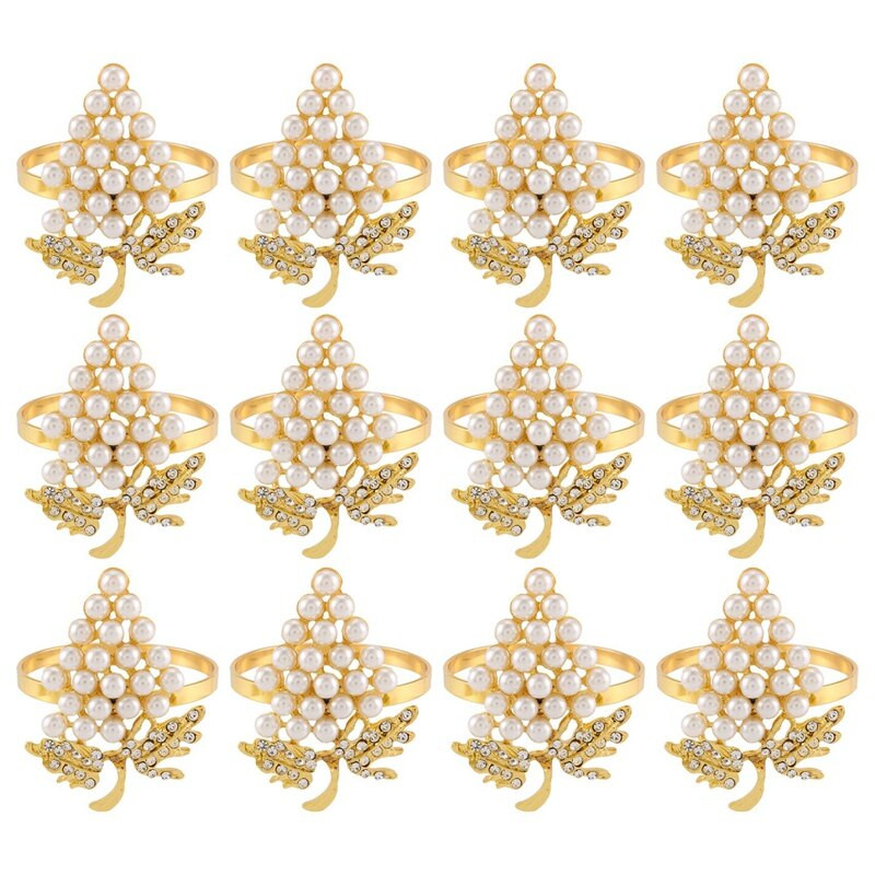 12 τμχ μαργαριταρένια δαχτυλίδια χαρτοπετσέτας χρυσά σε σχήμα σταφυλιού Θήκη για πετσέτα για πόρπες Θήκες για χαρτοπετσέτες Διακόσμηση τραπεζιού γάμου Πόρπες για χαρτοπετσέτες