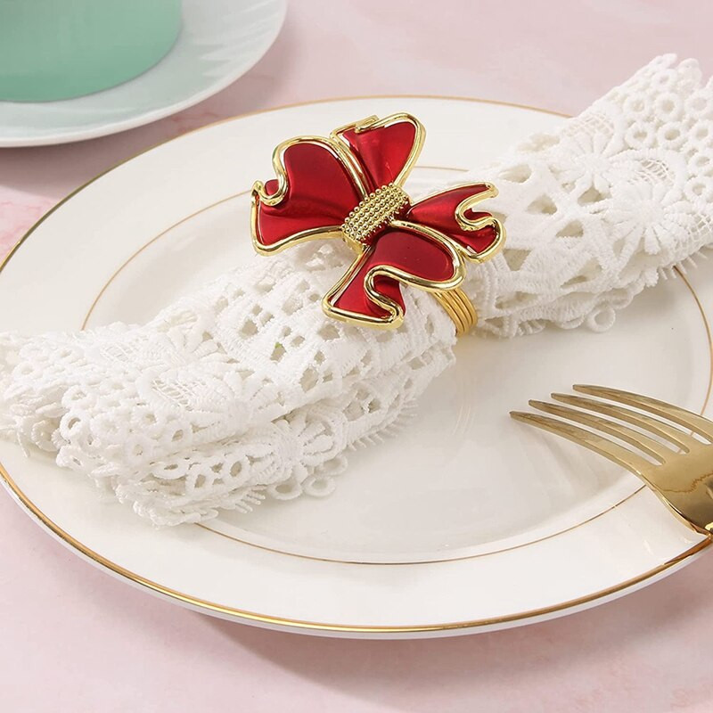 6 tükki punased Bowknot-salvrätikurõngad, liblikasõlm-salvrätirõngaste hoidjad Käsitsi valmistatud metallist salvrätikupandlad Elegantne lauakaunistus