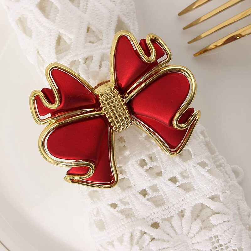 6 tükki punased Bowknot-salvrätikurõngad, liblikasõlm-salvrätirõngaste hoidjad Käsitsi valmistatud metallist salvrätikupandlad Elegantne lauakaunistus