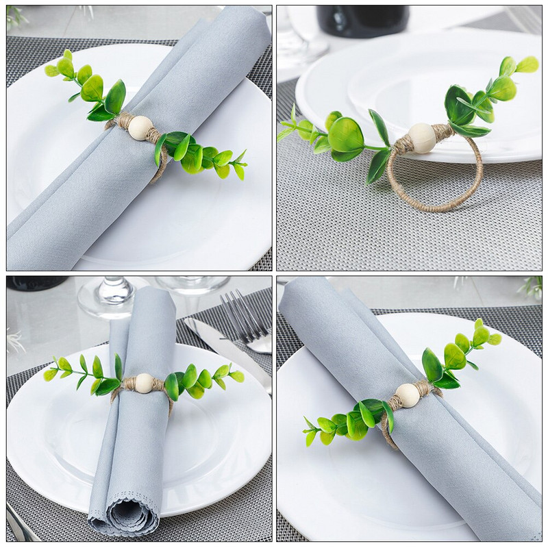 Δαχτυλίδι ρούχων με 4 φύλλα Πράσινα φύλλα Πόρπες χαρτοπετσέτας Διακοσμητικό καλοκαιρινό δείπνο Θήκη για χαρτοπετσέτα με φύλλα Τεχνητό φύλλο ευκαλύπτου