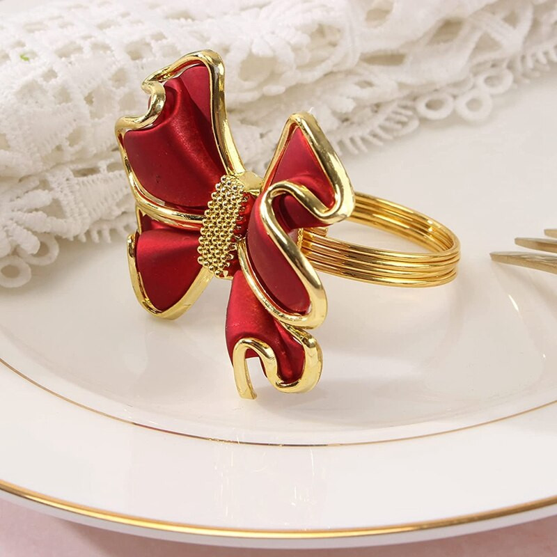 6 bucăți inele pentru șervețele roșii cu fundiță, suporturi pentru inele pentru șervețele cu nod fluture, catarame metalice pentru șervețele, decor elegant pentru masă