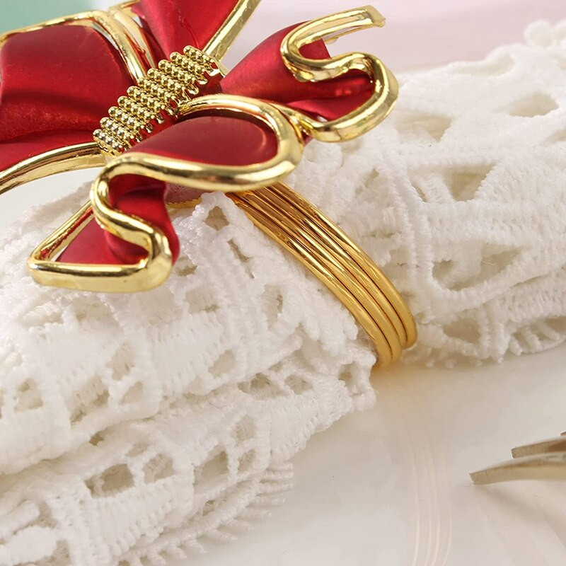 6 bucăți inele pentru șervețele roșii cu fundiță, suporturi pentru inele pentru șervețele cu nod fluture, catarame metalice pentru șervețele, decor elegant pentru masă