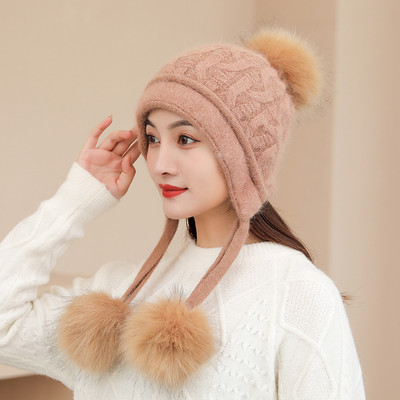 Χειμερινό πλεκτό καπέλο με πουπουλένια πομ πον για γυναίκες