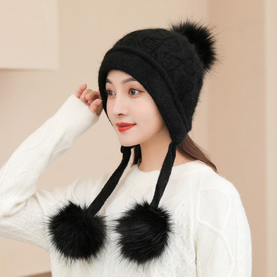 Χειμερινό πλεκτό καπέλο με πουπουλένια πομ πον για γυναίκες