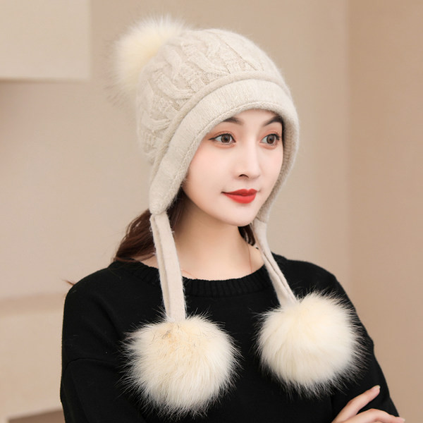 Χειμερινό πλεκτό καπέλο με πουπουλένια πομ πον για γυναίκες