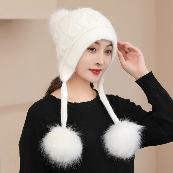 Χειμερινό πλεκτό καπέλο με πουπουλένια πομ πον για γυναίκες