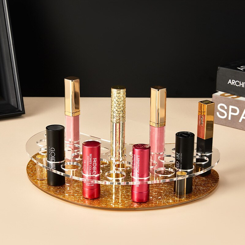 Lauaarvuti huulepulgahoidik Arc Huuleglasuur Mitme võrega Kosmeetika Läbipaistev plastmahutid Kuldne alumine riiul huulepulga riiul