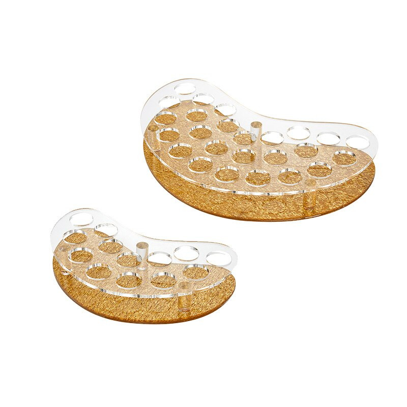 Lauaarvuti huulepulgahoidik Arc Huuleglasuur Mitme võrega Kosmeetika Läbipaistev plastmahutid Kuldne alumine riiul huulepulga riiul