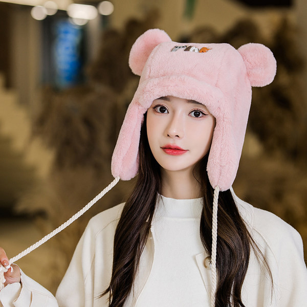 Γυναικείο χειμωνιάτικο βελούδινο καπέλο με κέντημα αρκούδας και κορδόνια