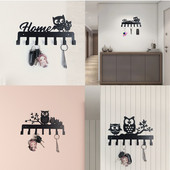 Nosač za ključeve od crnog metala Sova sa 7 kuka Željezna umjetnost Zidna ljepljiva kapa Šal Vješalica za torbicu Hardver Kuka za policu