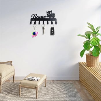 Черен метален бухал Ключодържател Скоба със 7 куки Желязно изкуство Монтирана на стена Залепваща шапка Шал Дамска чанта Закачалка Хардуер Кука за рафт
