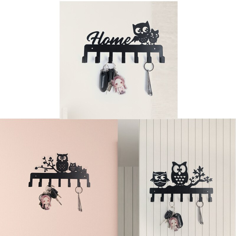 Nosač za ključeve od crnog metala Sova sa 7 kuka Željezna umjetnost Zidna ljepljiva kapa Šal Vješalica za torbicu Hardver Kuka za policu