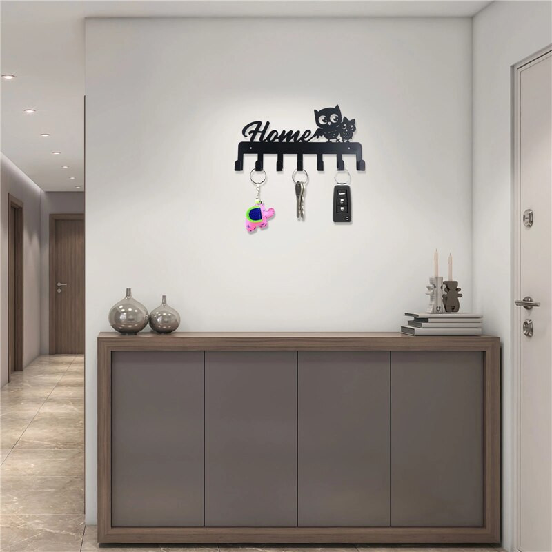 Nosač za ključeve od crnog metala Sova sa 7 kuka Željezna umjetnost Zidna ljepljiva kapa Šal Vješalica za torbicu Hardver Kuka za policu