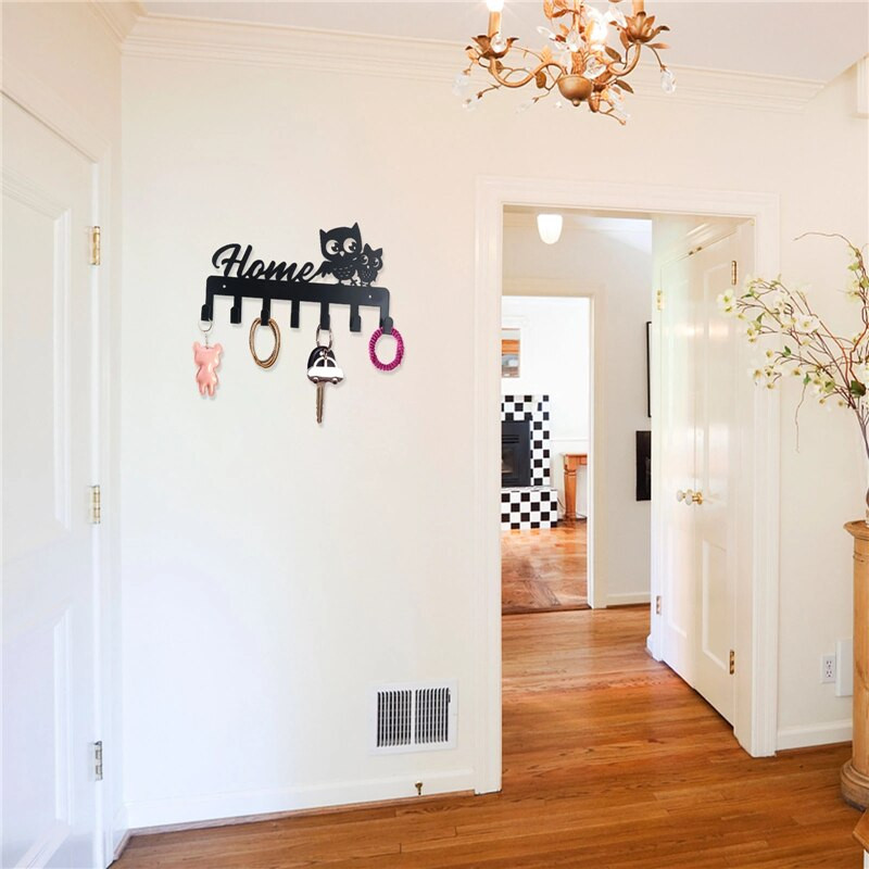 Nosač za ključeve od crnog metala Sova sa 7 kuka Željezna umjetnost Zidna ljepljiva kapa Šal Vješalica za torbicu Hardver Kuka za policu