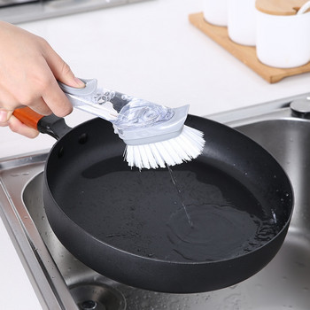Четка за почистване на кухня Подвижна 2 в 1 глава Гъба Дозатор за сапун Почистване Инструменти за миене на съдове Пластмасова четка за прах с дълга дръжка