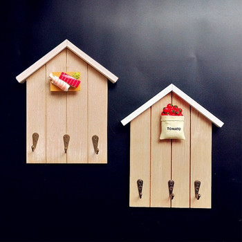 C90D Стенен ключодържател във формата на дървена къща с 3 куки Декоративен рафт Закачалка за ключове за антре Кухня Офис Дом
