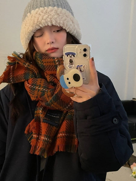 Eșarfă de damă în carouri în verde și portocaliu