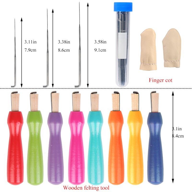 Fenrry Πολύχρωμη Ξύλινη Λαβή Felting Needle Tool Kit With 3 Sizes 18pcs Felting Needles 2pcs Random Color Finger Protector DIY
