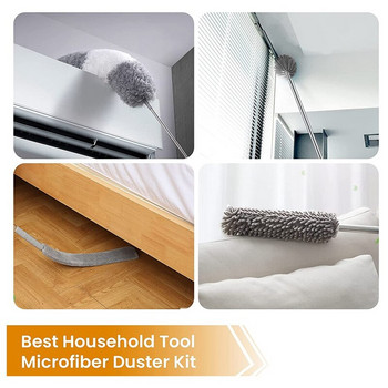 Микрофибърна кърпа за прах, 5 части с удължителен прът, гъвкава и миеща се бърса за многократна употреба
