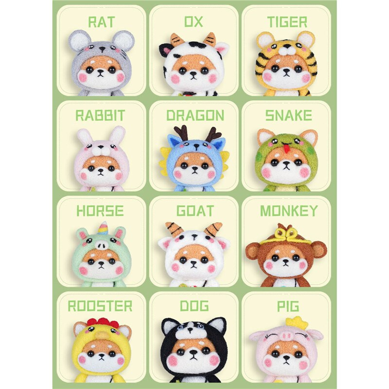 Δώδεκα Zodiac μαλλί τσόχα Υλικό Χειροποίητο παιχνίδι κούκλα Πακέτο τσόχα βελονιών Shiba Inu Animal Ημιτελή κιτ με τσόχα