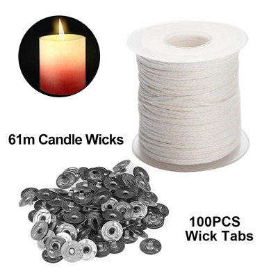 1 Roll Candle Wick Core με 100PCS Metal Candle Wick Sustainer Tabs Σετ εργαλείων κατασκευής κεριών για DIY κατασκευή κεριών παραφίνης σόγιας
