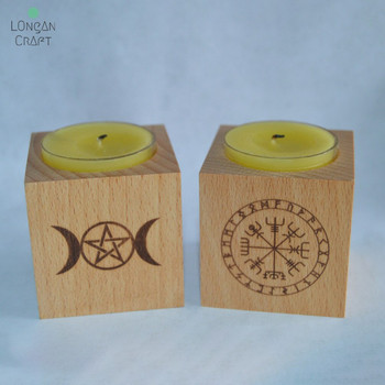 Longan Craft Wood Κηροπήγια Ξύλινο Κηροπήγιο με Triple Moon Compass Viking Ritual Light Holders Witchcraft Supplies