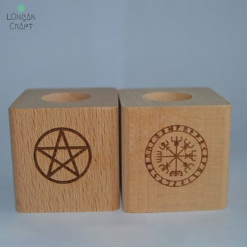 Longan Craft Wood Κηροπήγια Ξύλινο Κηροπήγιο με Triple Moon Compass Viking Ritual Light Holders Witchcraft Supplies