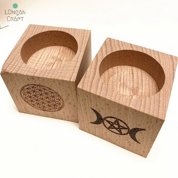 Longan Craft Wood Κηροπήγια Ξύλινο Κηροπήγιο με Triple Moon Compass Viking Ritual Light Holders Witchcraft Supplies
