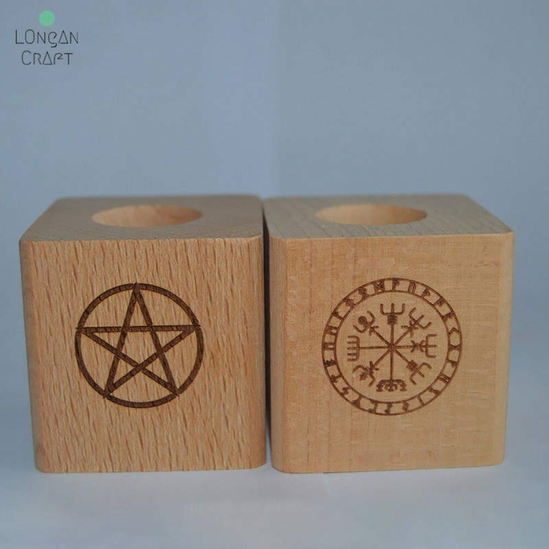 Suporturi pentru lumânări din lemn Longan Craft Sfeșnic din lemn cu lună triplă busolă vikingă Suporturi pentru lumini rituale Rechizite pentru vrăjitorie