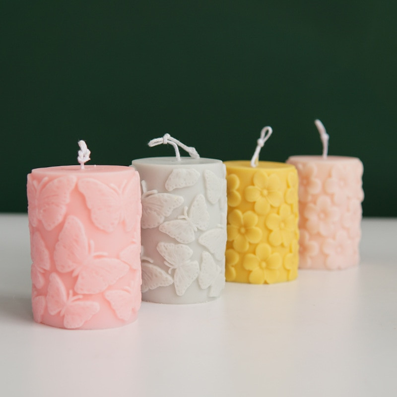 Gėlių drugelio cilindrinės aromaterapinės žvakės formos reljefas cilindrinės žvakės formos 3D silikono formos aromaterapijos gipso formos