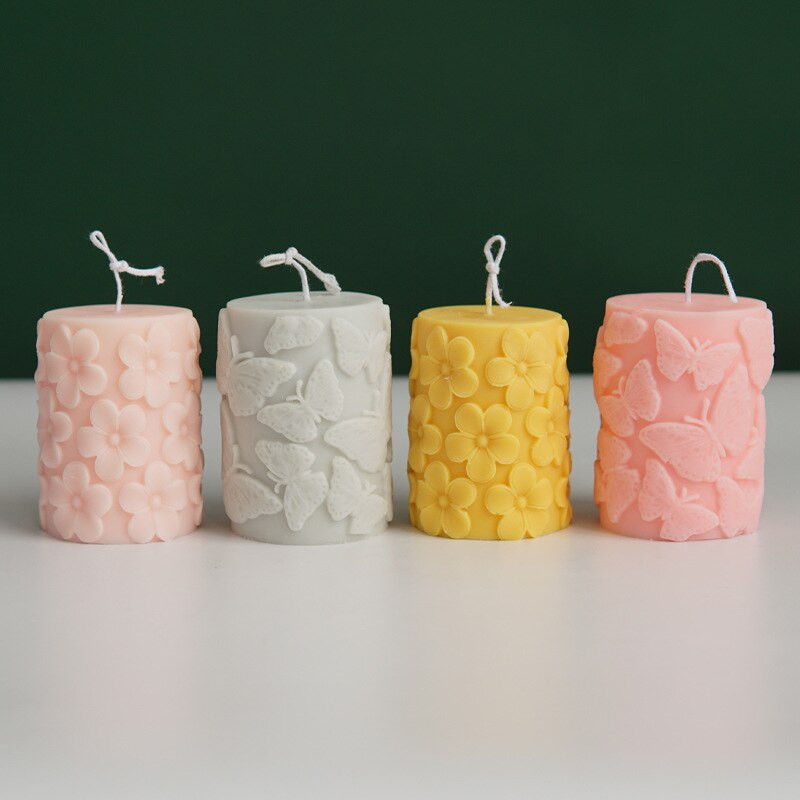 Gėlių drugelio cilindrinės aromaterapinės žvakės formos reljefas cilindrinės žvakės formos 3D silikono formos aromaterapijos gipso formos