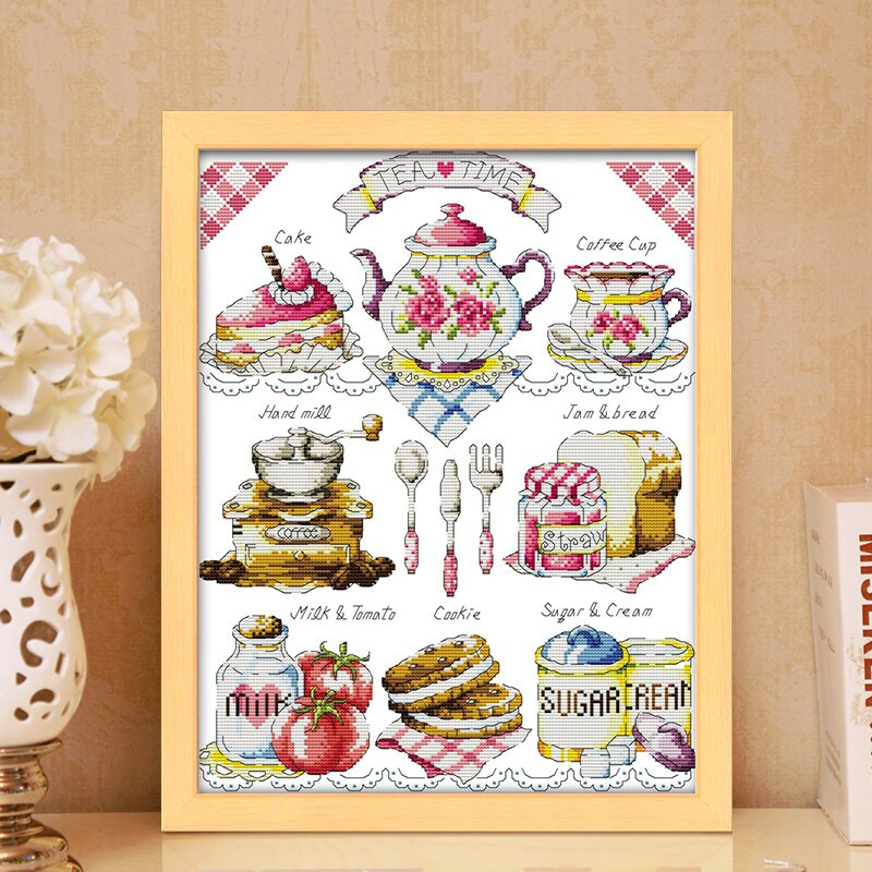 Tortų popietės arbatos kryžminio dygsnio rinkinys 14CT 11CT spausdintos drobės siuvinėjimo siuvimo rinkinys DMC skaičius Kiniškas kryžminio dygsnio rinkinys „pasidaryk pats“ amatai