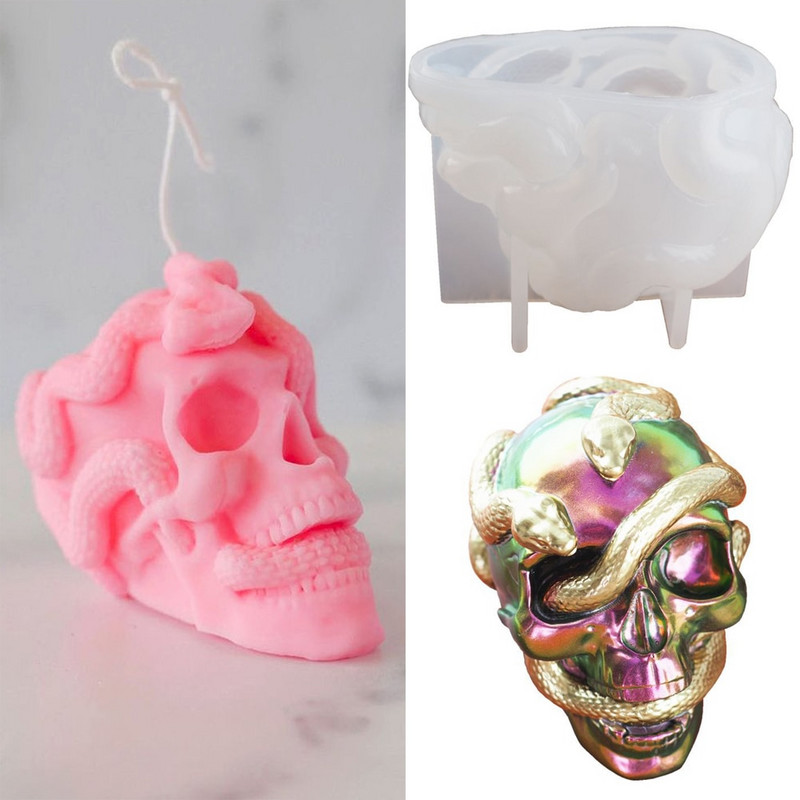 Καλούπι σιλικόνης 3D Skeleton Head Double Snake Skull Skull Halloween Horror Καλούπι κεριού Καλούπι τσιμέντου γύψου ρητίνης για χειροτεχνία