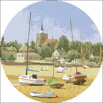 Kvaliteetsed loendatud ristpistete komplekt, maastikuseeria maastikud Jõeäärne sild Coastal Village tuuleveski rannapurjepaadid