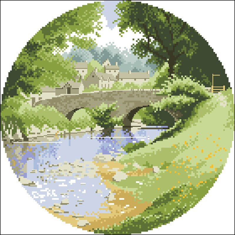 Kvaliteetsed loendatud ristpistete komplekt, maastikuseeria maastikud Jõeäärne sild Coastal Village tuuleveski rannapurjepaadid