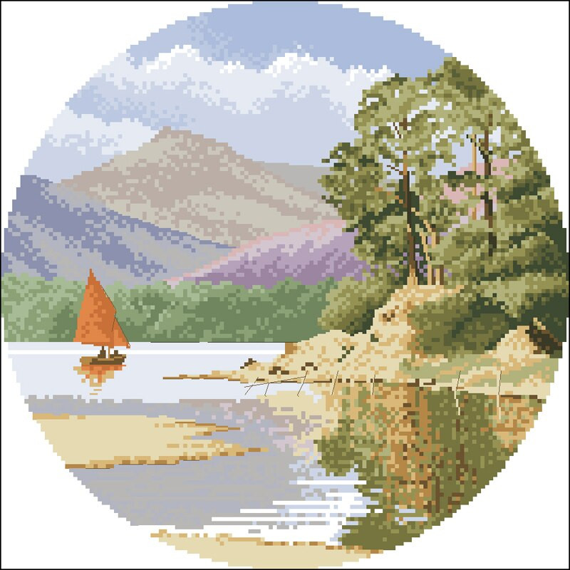 Kvaliteetsed loendatud ristpistete komplekt, maastikuseeria maastikud Jõeäärne sild Coastal Village tuuleveski rannapurjepaadid