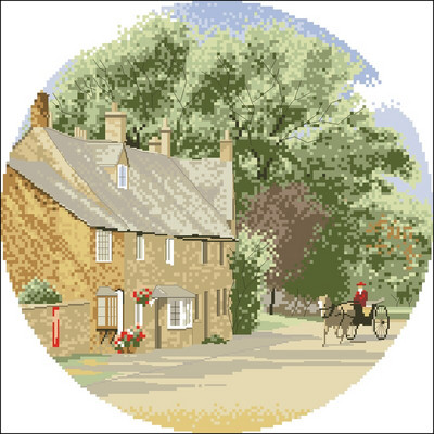 Vysokokvalitná súprava na krížikové stehy, krajinná séria, scenéria, záhrada, cvrček, dedinská ulička, zima, ovce, vistéria, chata