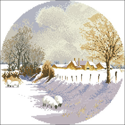 Vysokokvalitná súprava na krížikové stehy, krajinná séria, scenéria, záhrada, cvrček, dedinská ulička, zima, ovce, vistéria, chata