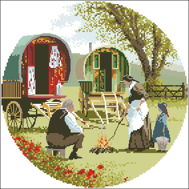 Kit de ochiuri de cruce numărate de înaltă calitate, peisaj seria peisajului Bluebell Meadow rață Narcisa oaie Rulote țigane Lumină de toamnă