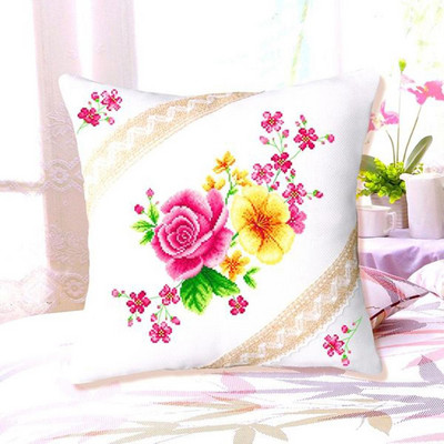 Κάλυμμα μαξιλαριού με σταμπωτό σταυροβελονιά με λεβάντα άγριο λουλούδι Σετ μαξιλαριού σετ κεντήματος με λουλούδια, μωβ ροζ αγριολούλουδο, 18 ιντσών