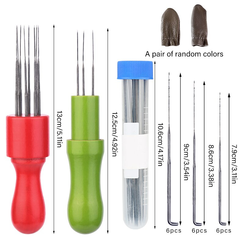 IMZAY vilnos vėlimo rinkinys su spalvinga medžio rankena adatiniu vėlimo įrankiu 3 dydžiai 18 vnt vėlimo adatų pirštų apsauga, skirta pasidaryk pats