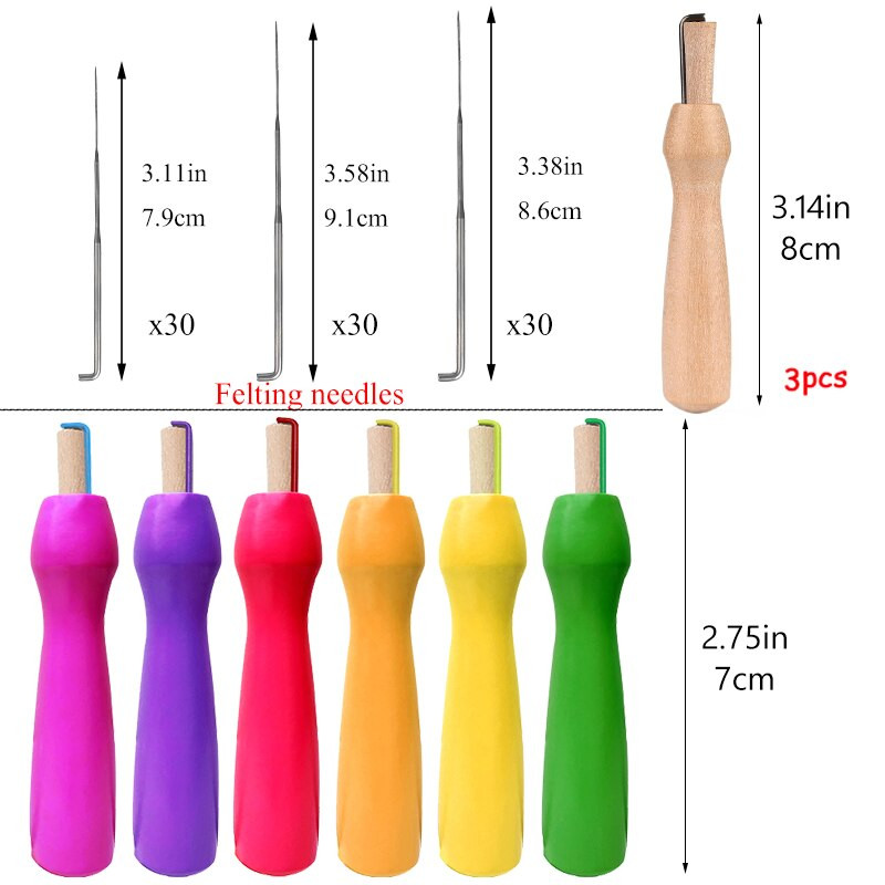 IMZAY Πολύχρωμο ξύλινο χερούλι με βελόνες τσόχας 3 μεγεθών Εργαλεία τσόχας 3 μεγεθών Κιτ εργαλείων τσόχα από μαλλί για αρχάριους