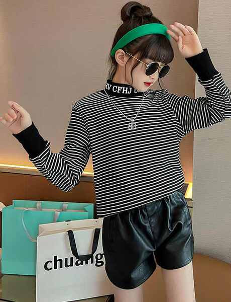 Μόδα ριγέ μπλούζα για κορίτσια με κεντημένο στάμπα μακρυμάνικο