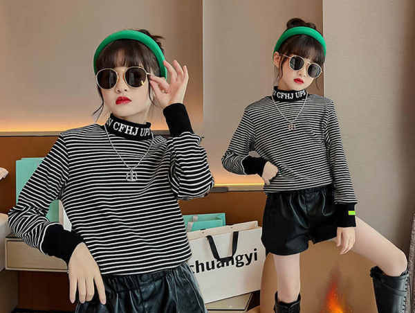 Μόδα ριγέ μπλούζα για κορίτσια με κεντημένο στάμπα μακρυμάνικο