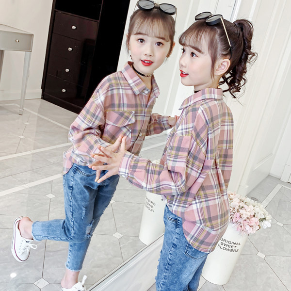 Cămașă în carouri pentru copii cu buzunare pentru fete