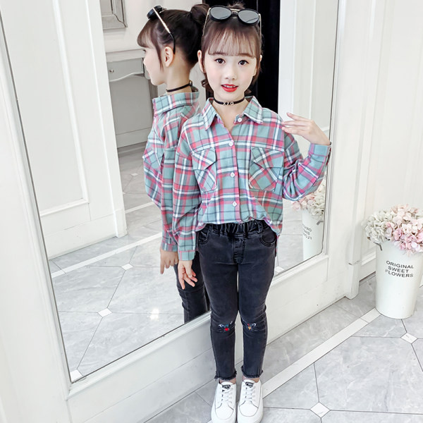 Cămașă în carouri pentru copii cu buzunare pentru fete