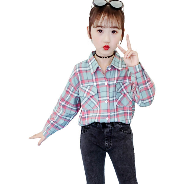 Cămașă în carouri pentru copii cu buzunare pentru fete