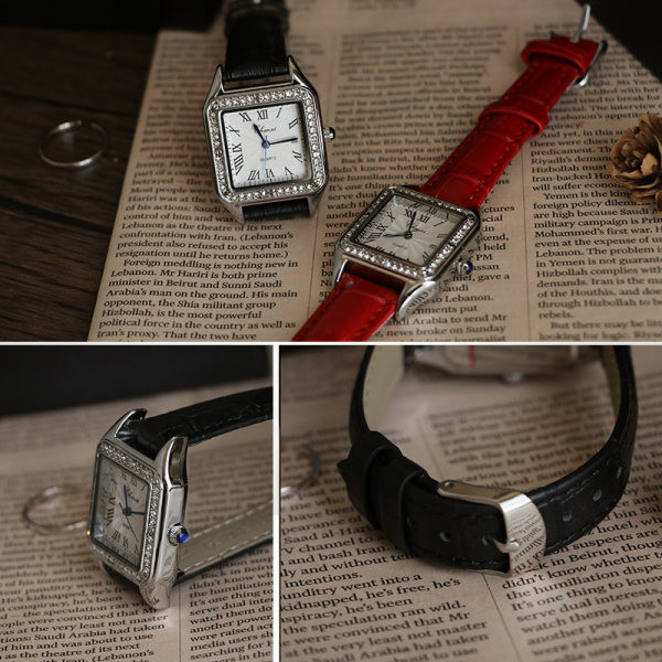 Dekoratiivkividega naiste käekell - musta ja punast värvi