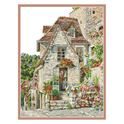 Flower Cottage Counted Cross Stitch Kit Unprinted Canvas Embroidery Complete Set 11 14CT Diy Needlework Package Διακόσμηση σπιτιού